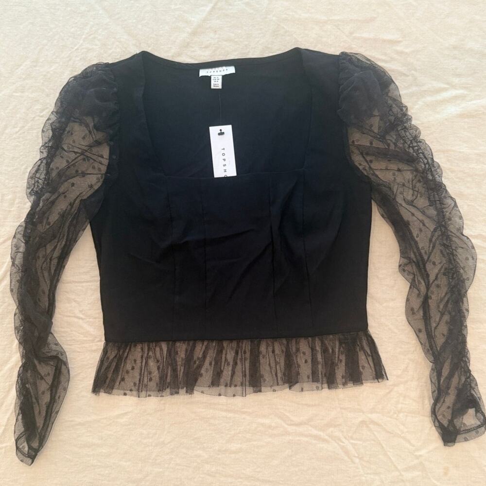 Topshop NWT | black tulle with dot pattern blouse shirt crop top | size US 8